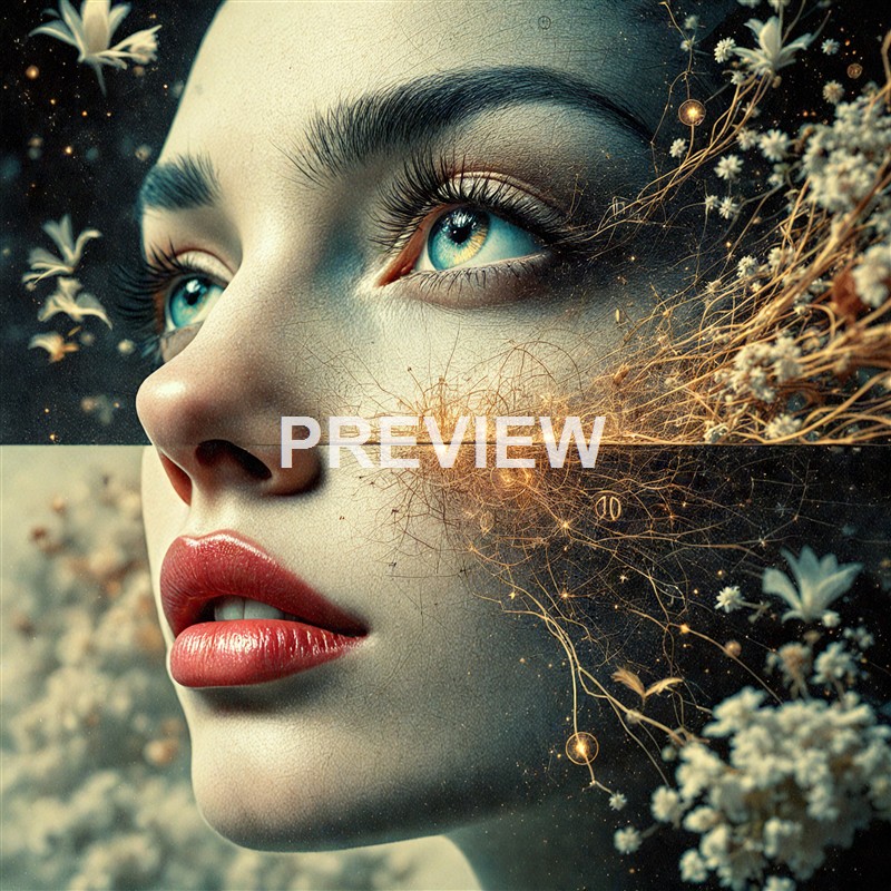 A highly stylized, surreal digital artwork of a woman's face with luminous blue eyes, detailed skin texture, and an intricate network of glowing lines and flowers blending into her features.